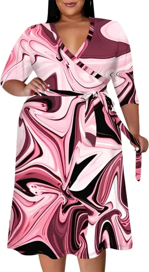 Plus Size Dress for Women Flowy 3/4 Sleeve V Neck Printing Midi Dresses Sexy Wrap Cocktail Party Dress Empire Waist with Belt