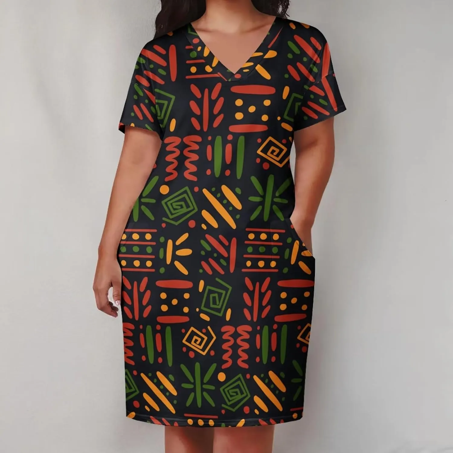 Plus Size Dresses for Curvy Women Summer Casual African Print V-Neck Short Sleeve Loose Midi A Line Dress