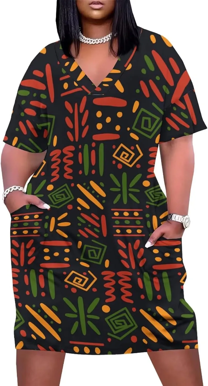 Plus Size Dresses for Curvy Women Summer Casual African Print V-Neck Short Sleeve Loose Midi A Line Dress