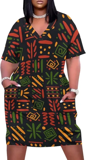 Plus Size Dresses for Curvy Women Summer Casual African Print V-Neck Short Sleeve Loose Midi A Line Dress