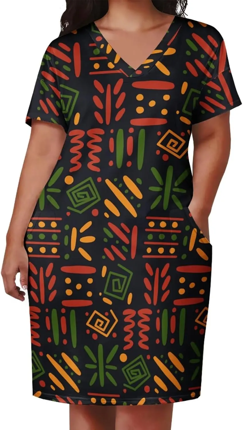 Plus Size Dresses for Curvy Women Summer Casual African Print V-Neck Short Sleeve Loose Midi A Line Dress