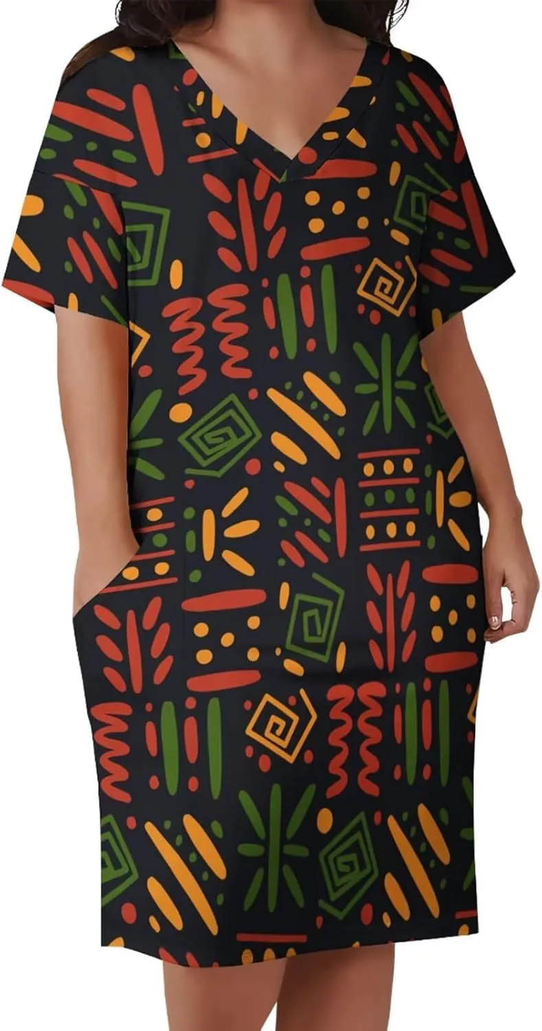 Plus Size Dresses for Curvy Women Summer Casual African Print V-Neck Short Sleeve Loose Midi A Line Dress