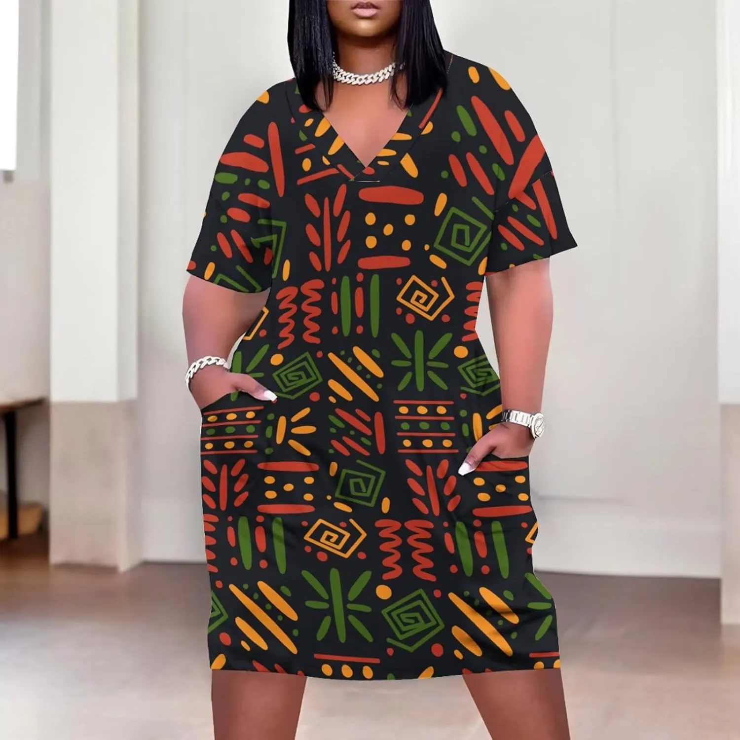 Plus Size Dresses for Curvy Women Summer Casual African Print V-Neck Short Sleeve Loose Midi A Line Dress