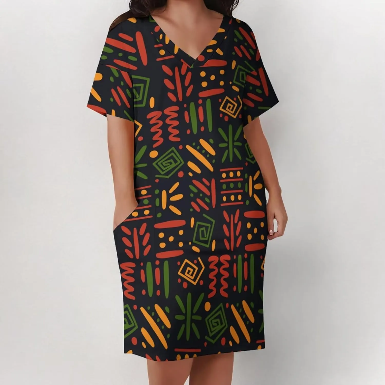 Plus Size Dresses for Curvy Women Summer Casual African Print V-Neck Short Sleeve Loose Midi A Line Dress