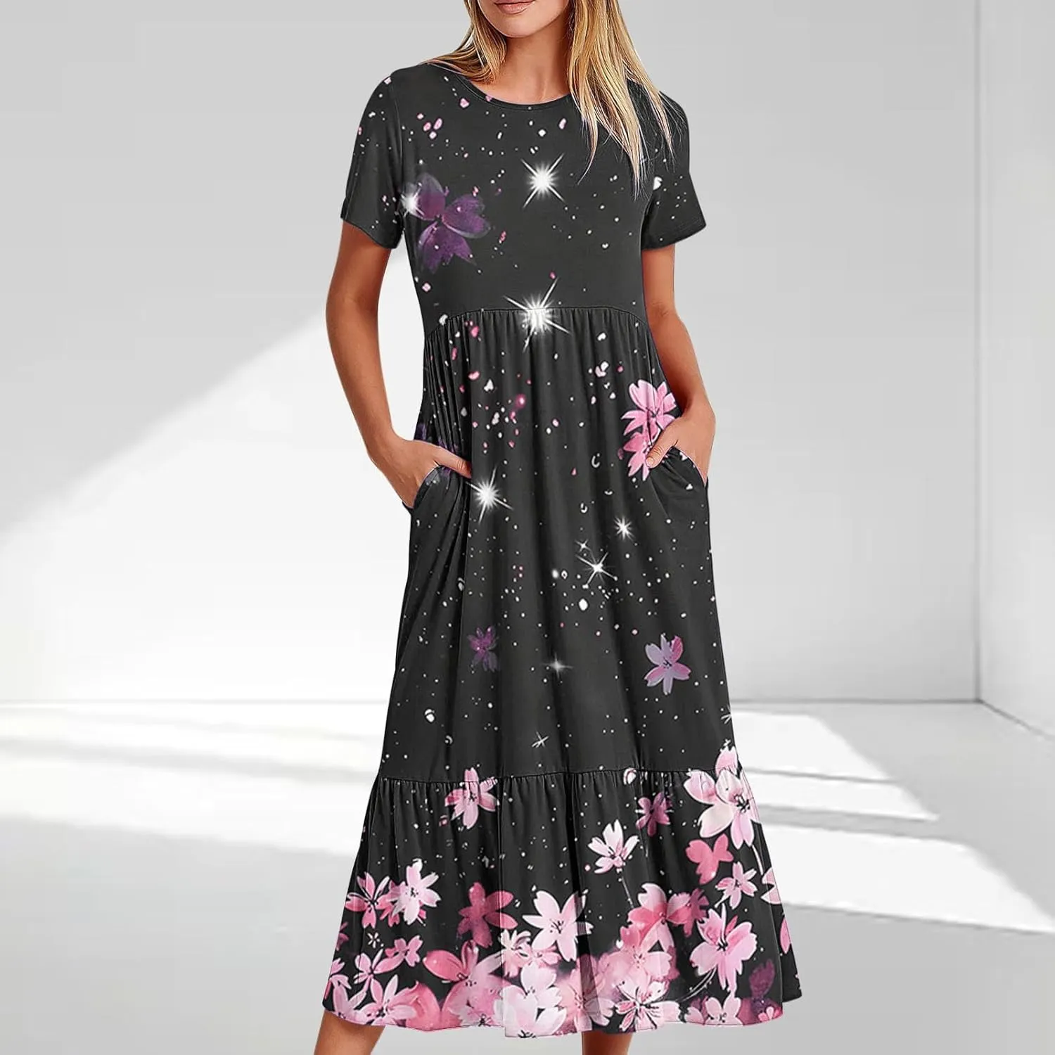Plus Size Dresses for Curvy Women Summer Casual Short Sleeve Boho Dress Crewneck Ruffle Maxi Sundress Beach Vacation
