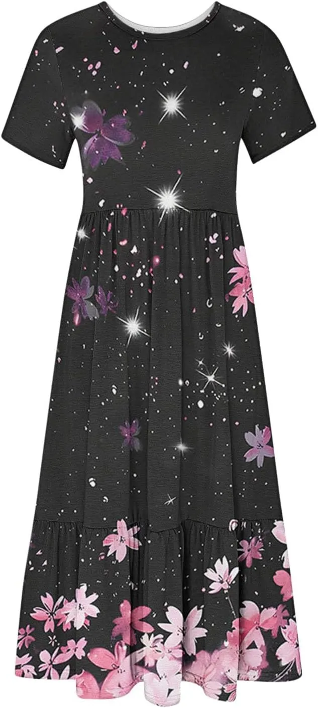 Plus Size Dresses for Curvy Women Summer Casual Short Sleeve Boho Dress Crewneck Ruffle Maxi Sundress Beach Vacation