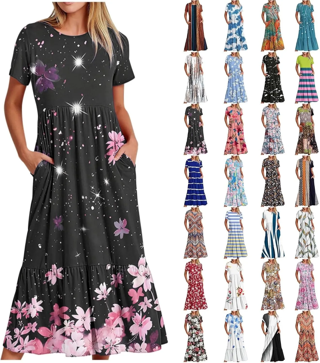 Plus Size Dresses for Curvy Women Summer Casual Short Sleeve Boho Dress Crewneck Ruffle Maxi Sundress Beach Vacation