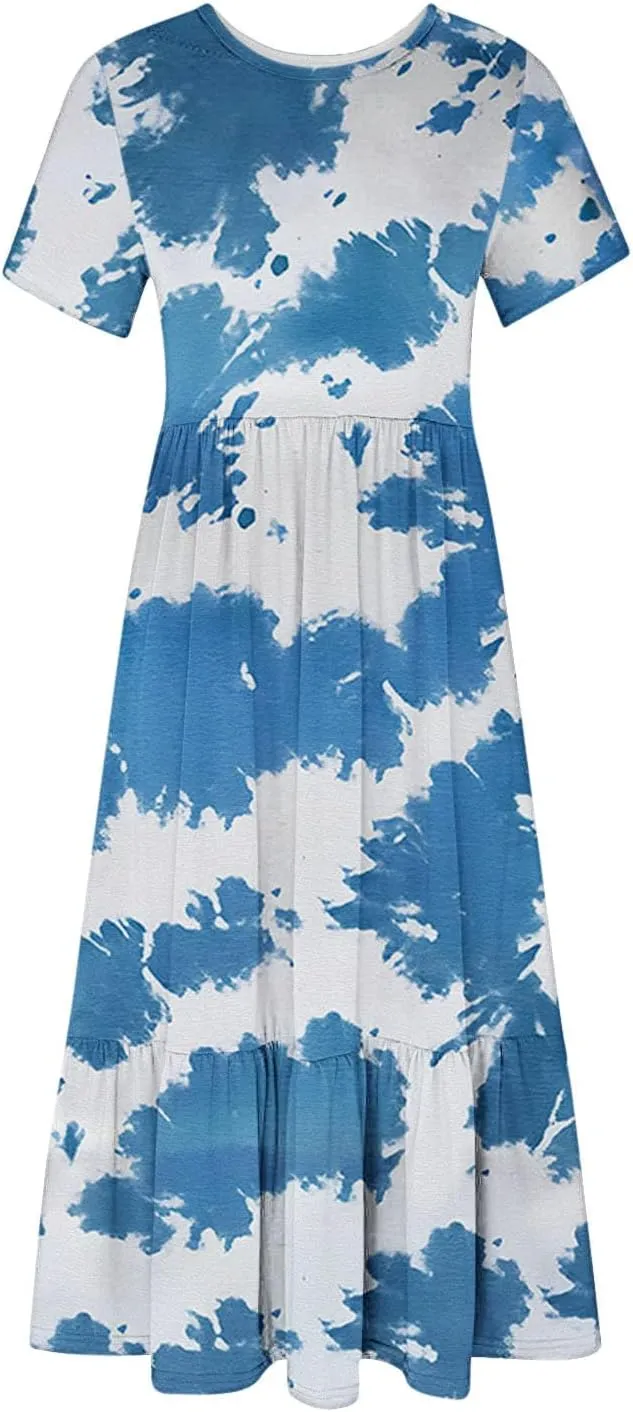 Plus Size Dresses for Curvy Women Summer Casual Short Sleeve Boho Dress Crewneck Ruffle Maxi Sundress Beach Vacation
