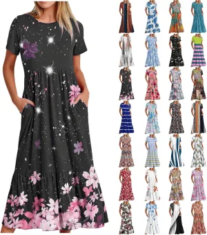 Plus Size Dresses for Curvy Women Summer Casual Short Sleeve Boho Dress Crewneck Ruffle Maxi Sundress Beach Vacation