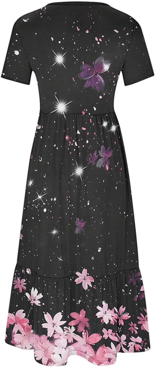 Plus Size Dresses for Curvy Women Summer Casual Short Sleeve Boho Dress Crewneck Ruffle Maxi Sundress Beach Vacation