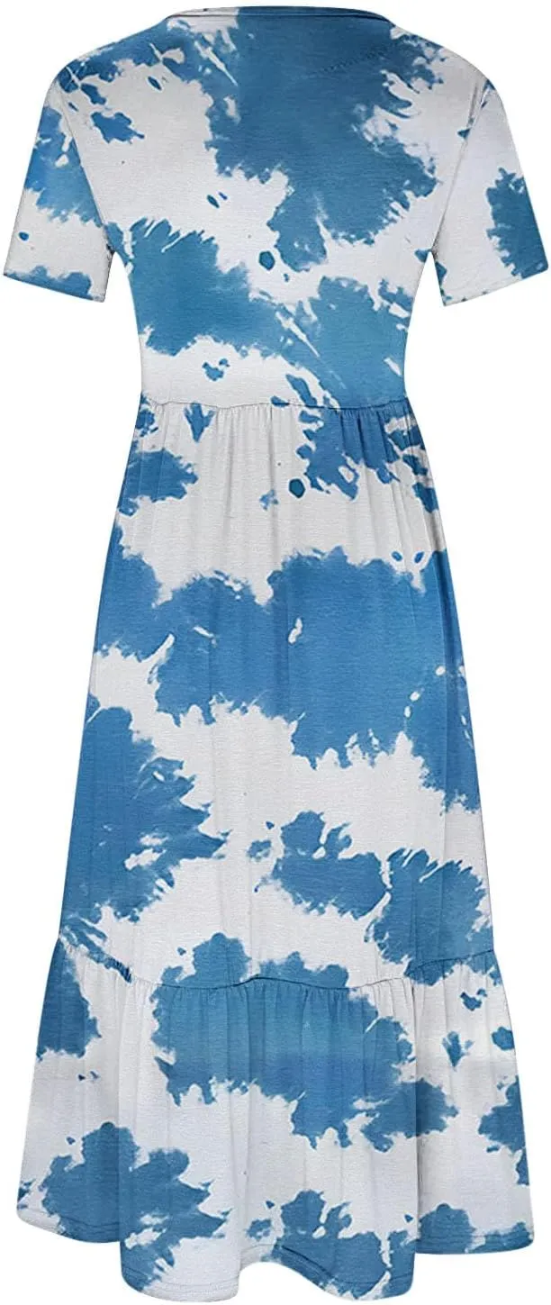Plus Size Dresses for Curvy Women Summer Casual Short Sleeve Boho Dress Crewneck Ruffle Maxi Sundress Beach Vacation