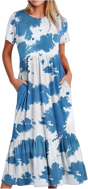Plus Size Dresses for Curvy Women Summer Casual Short Sleeve Boho Dress Crewneck Ruffle Maxi Sundress Beach Vacation