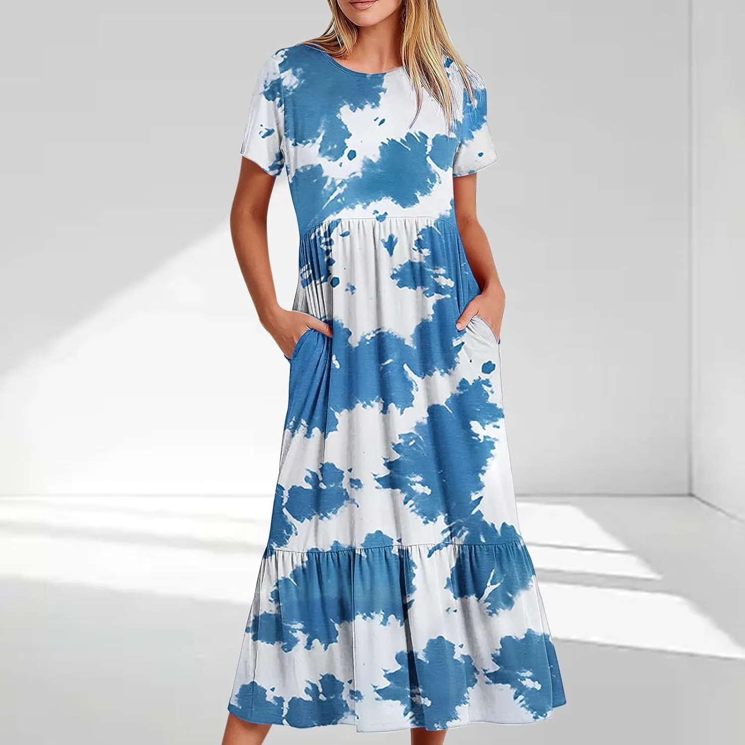 Plus Size Dresses for Curvy Women Summer Casual Short Sleeve Boho Dress Crewneck Ruffle Maxi Sundress Beach Vacation