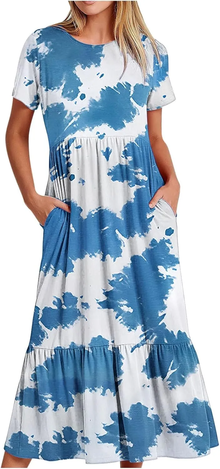 Plus Size Dresses for Curvy Women Summer Casual Short Sleeve Boho Dress Crewneck Ruffle Maxi Sundress Beach Vacation