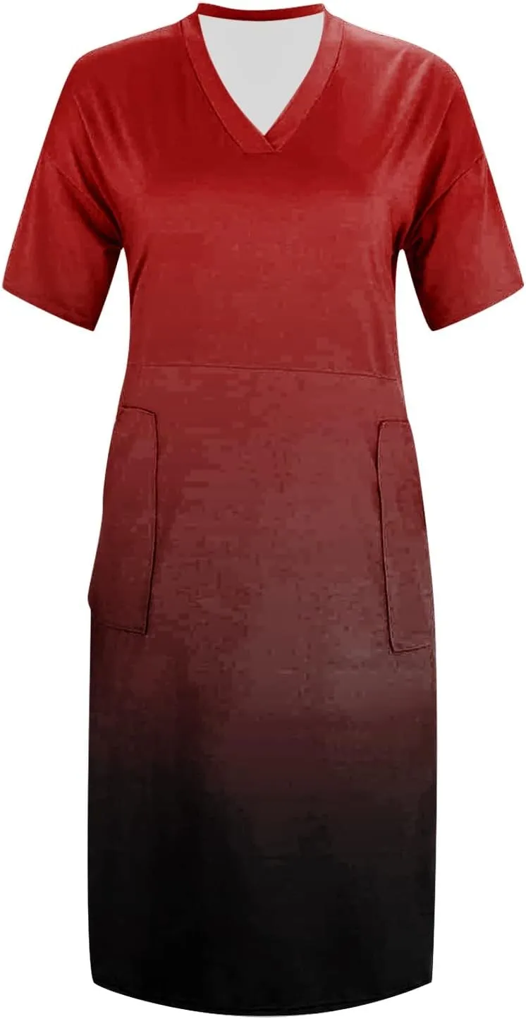 Plus Size Dresses for Women Oversized T Shirt Dress Loose Fit V Neck Short Sleeve Midi Dress Soft Cotton Nightgowns