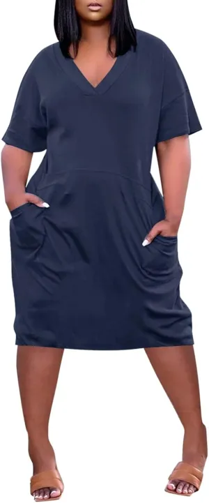 Plus Size Dresses for Women Oversized T Shirt Dress Loose Fit V Neck Short Sleeve Midi Dress Soft Cotton Nightgowns