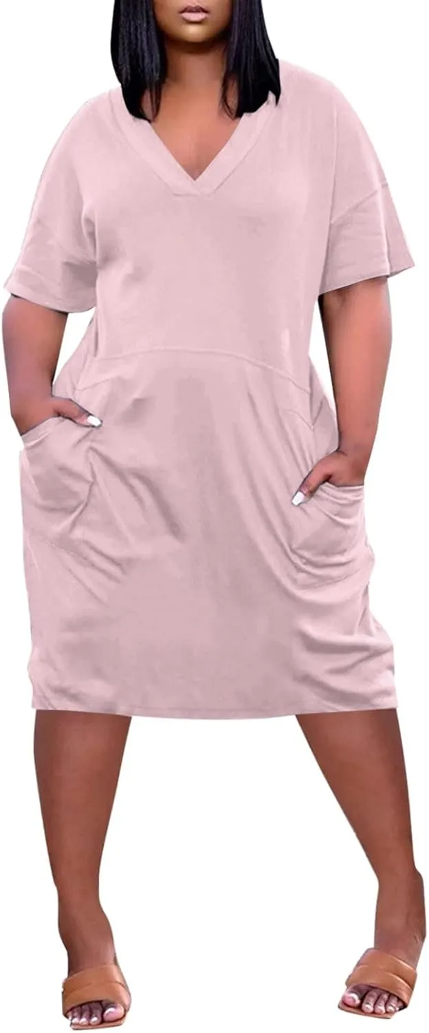 Plus Size Dresses for Women Oversized T Shirt Dress Loose Fit V Neck Short Sleeve Midi Dress Soft Cotton Nightgowns