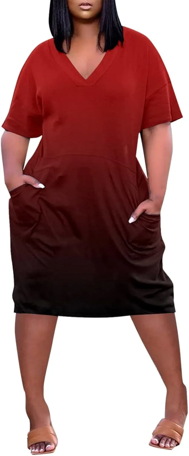 Plus Size Dresses for Women Oversized T Shirt Dress Loose Fit V Neck Short Sleeve Midi Dress Soft Cotton Nightgowns