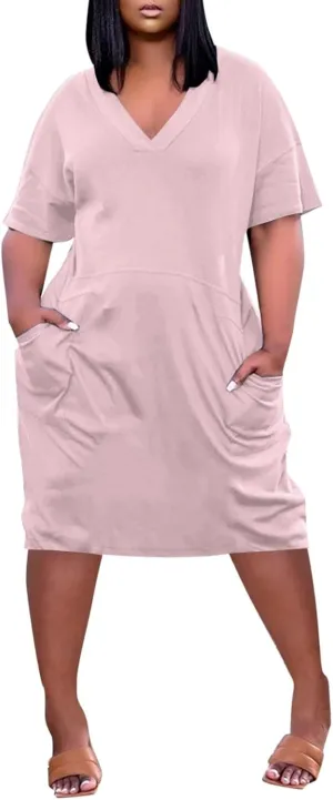 Plus Size Dresses for Women Oversized T Shirt Dress Loose Fit V Neck Short Sleeve Midi Dress Soft Cotton Nightgowns