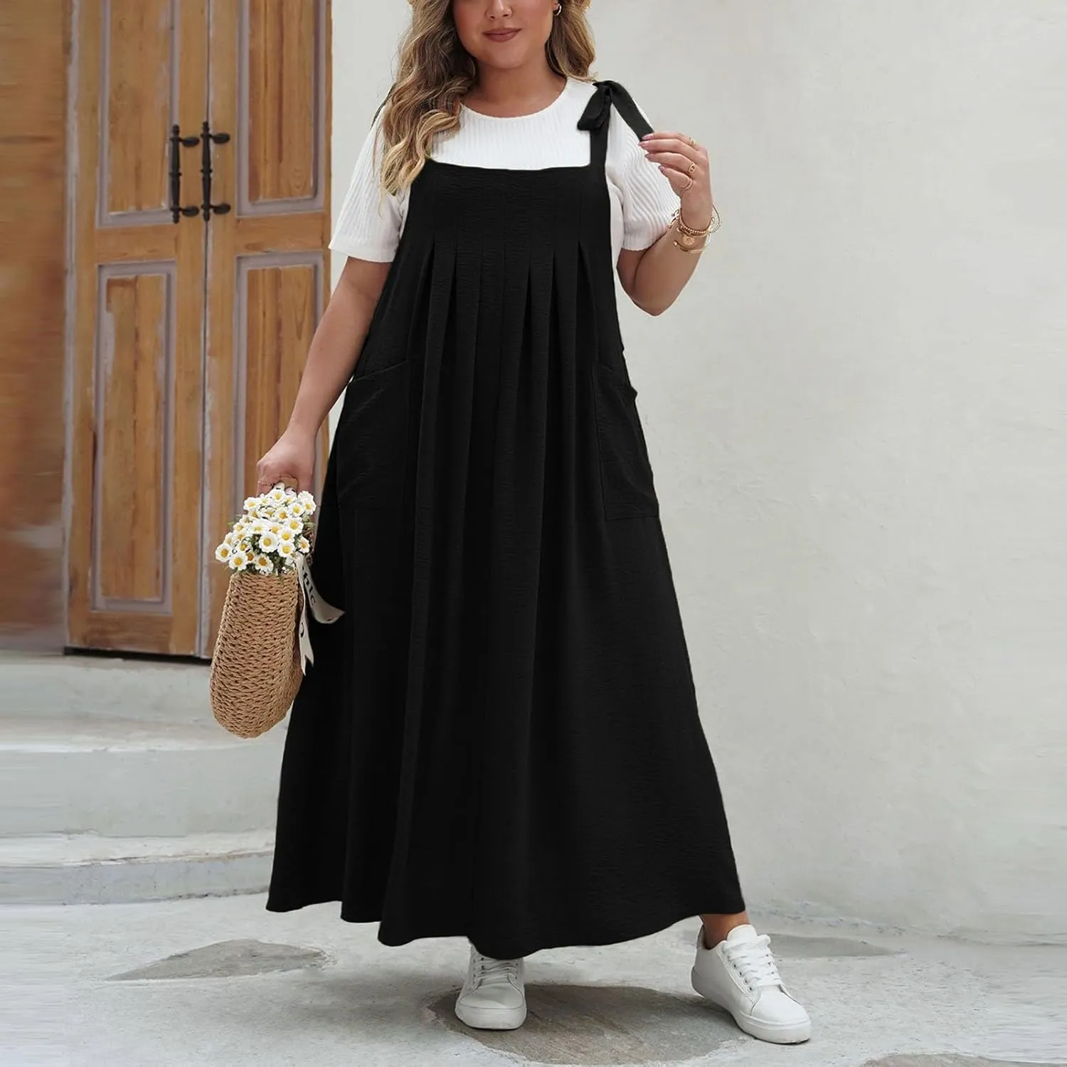 Plus Size Dresses for Women Solid Color Bow Knot Strap Ruffle Swing Casual Dress Square Neck Sleeveless Summer Dress