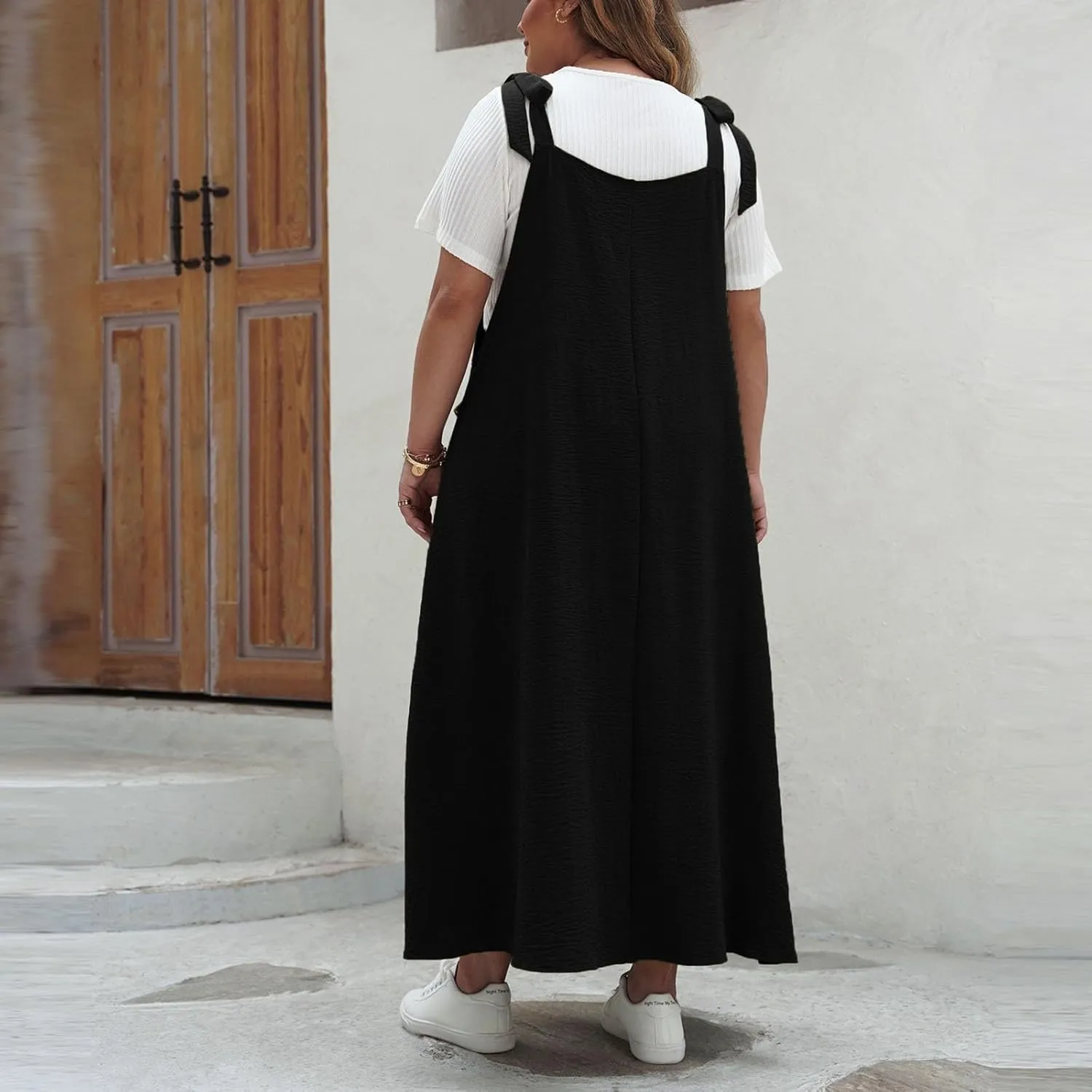 Plus Size Dresses for Women Solid Color Bow Knot Strap Ruffle Swing Casual Dress Square Neck Sleeveless Summer Dress