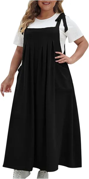 Plus Size Dresses for Women Solid Color Bow Knot Strap Ruffle Swing Casual Dress Square Neck Sleeveless Summer Dress