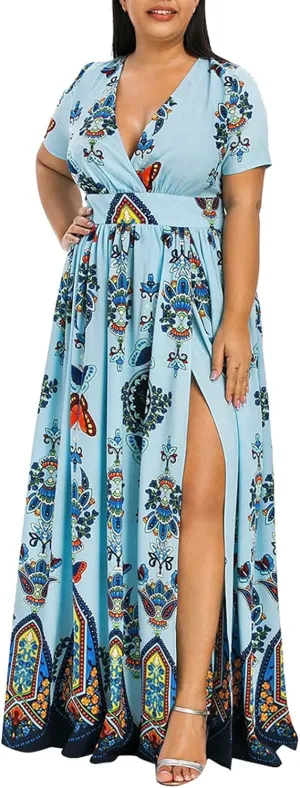 Plus Size Dresses for Women,2023 Summer Elegant Sexy Bodycon Wedding Guest Dress,Trendy Floral Boho Maxi Dress