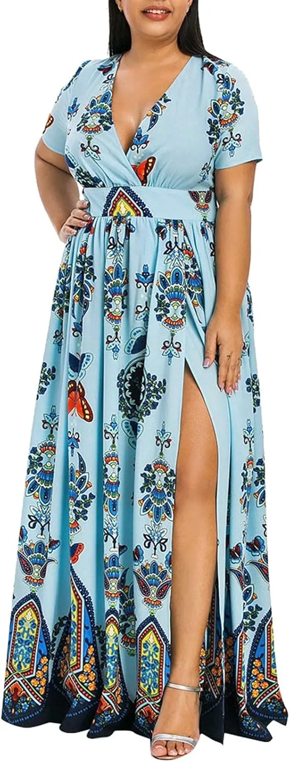 Plus Size Dresses for Women,2023 Summer Elegant Sexy Bodycon Wedding Guest Dress,Trendy Floral Boho Maxi Dress
