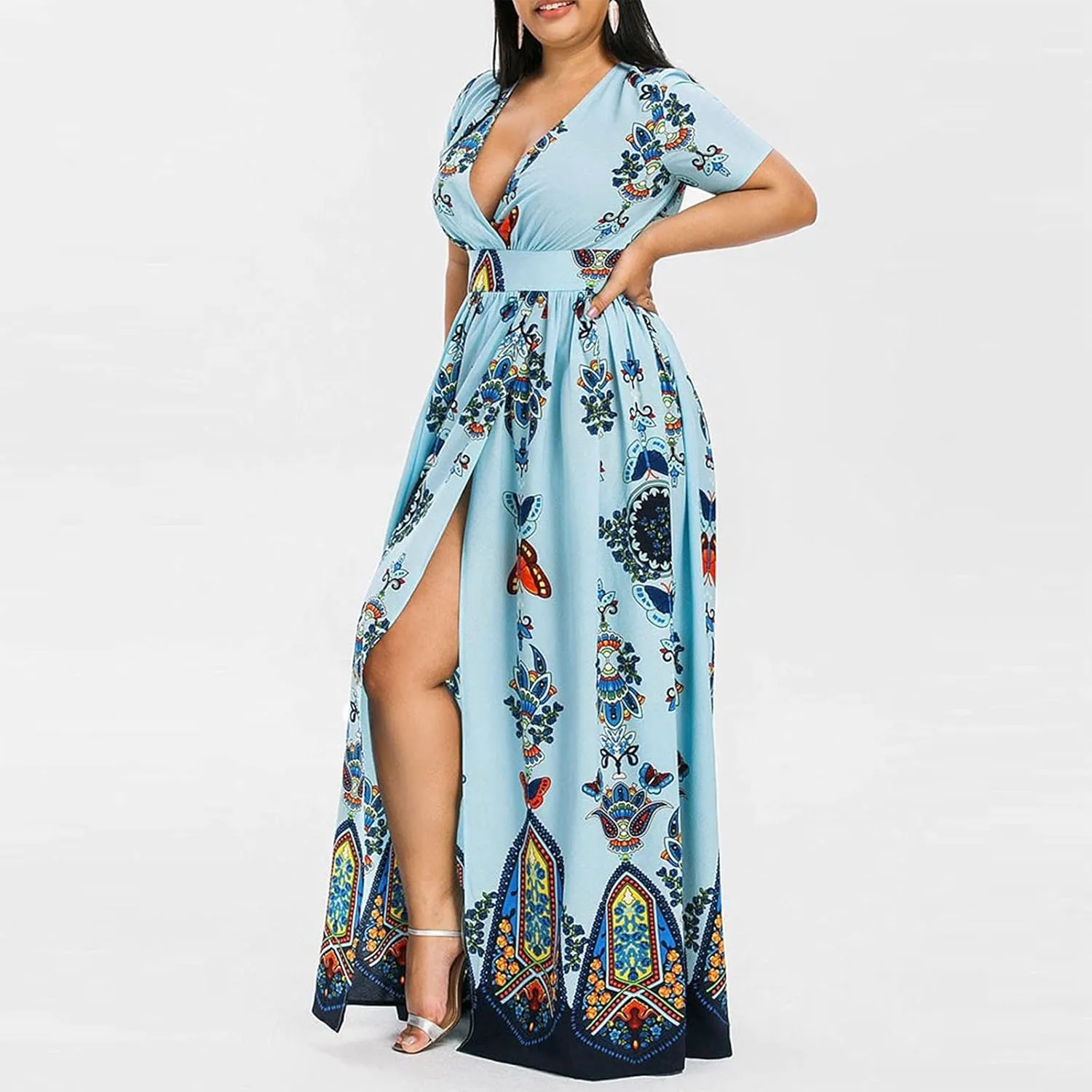 Plus Size Dresses for Women,2023 Summer Elegant Sexy Bodycon Wedding Guest Dress,Trendy Floral Boho Maxi Dress
