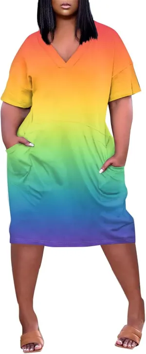 Plus Size Midi Dresses for Women 2025 Casual Loose Fitting Short Sleeve V Neck T Shirt Dress Lounge Comfy Sleep Dress