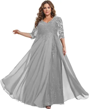 Plus Size Mother of The Bride Dresses for Wedding Sequin Lace V-Neck Chiffon Long Formal Evening Gowns