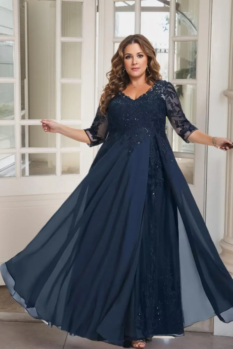 Plus Size Mother of The Bride Dresses for Wedding Sequin Lace V-Neck Chiffon Long Formal Evening Gowns