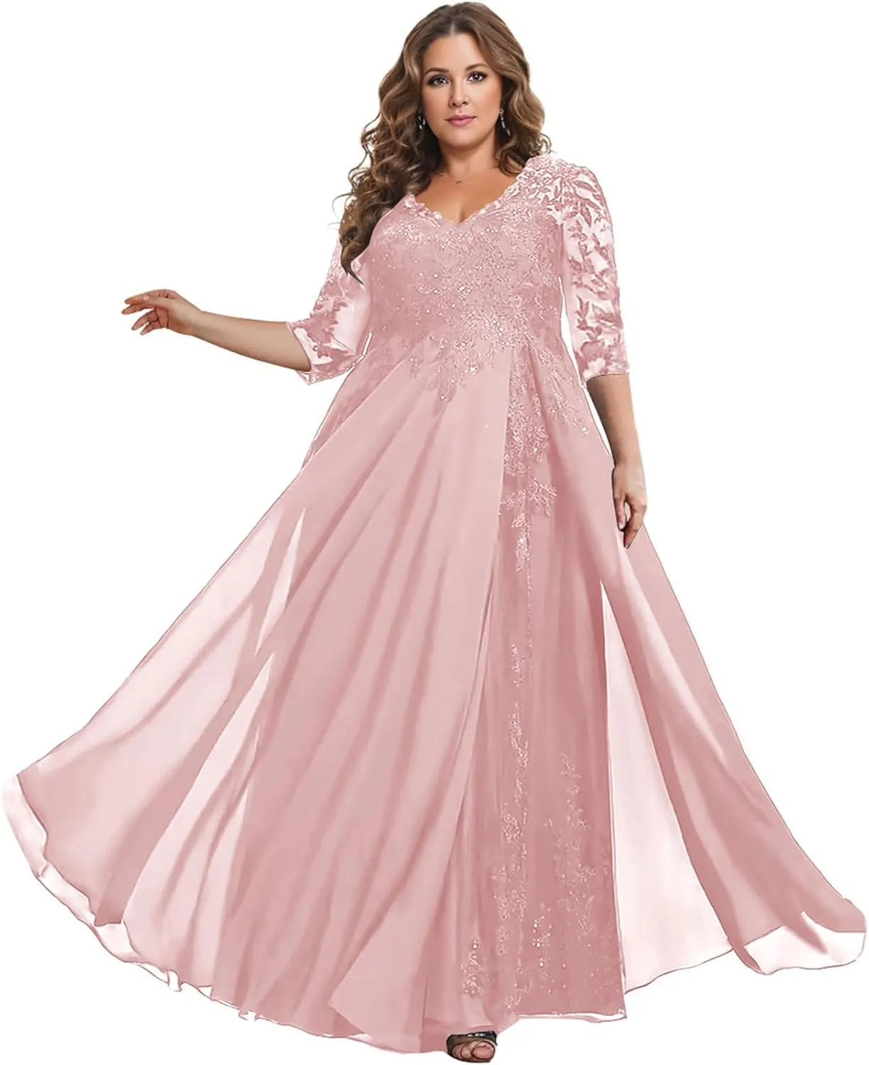 Plus Size Mother of The Bride Dresses for Wedding Sequin Lace V-Neck Chiffon Long Formal Evening Gowns
