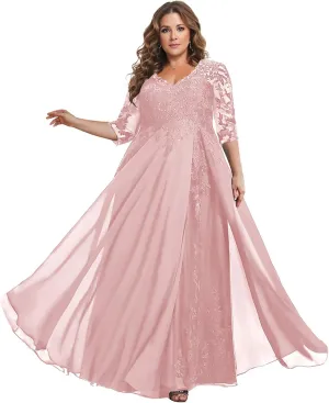 Plus Size Mother of The Bride Dresses for Wedding Sequin Lace V-Neck Chiffon Long Formal Evening Gowns