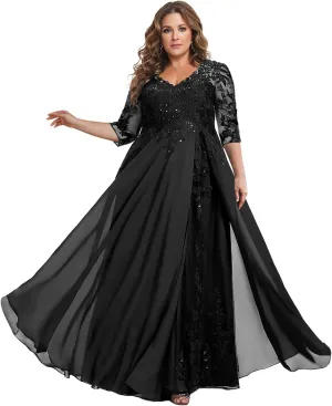 Plus Size Mother of The Bride Dresses for Wedding Sequin Lace V-Neck Chiffon Long Formal Evening Gowns