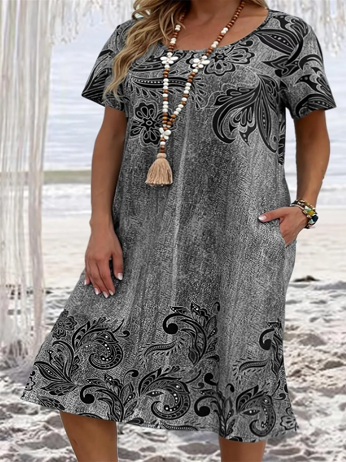 Plus Size Summer for Women Casual Short Sleeve Midi Dress Square Neck Loose Flowy Boho Floral Smocked Dresses