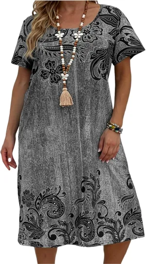 Plus Size Summer for Women Casual Short Sleeve Midi Dress Square Neck Loose Flowy Boho Floral Smocked Dresses