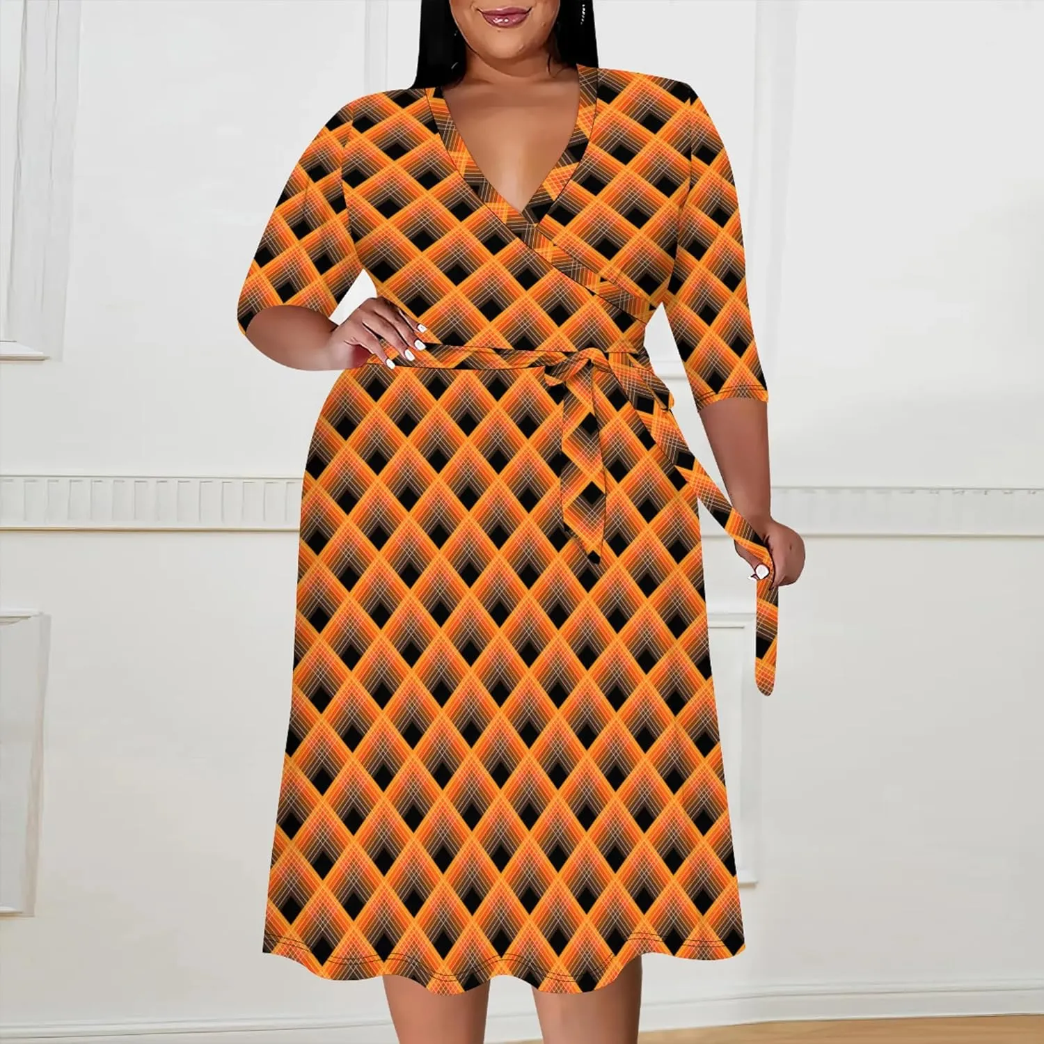 Plus Size Women's Dresses, Seven Split Sleeves, V-Neck Plus Size Women's Dresses Midi Dresses with Belt