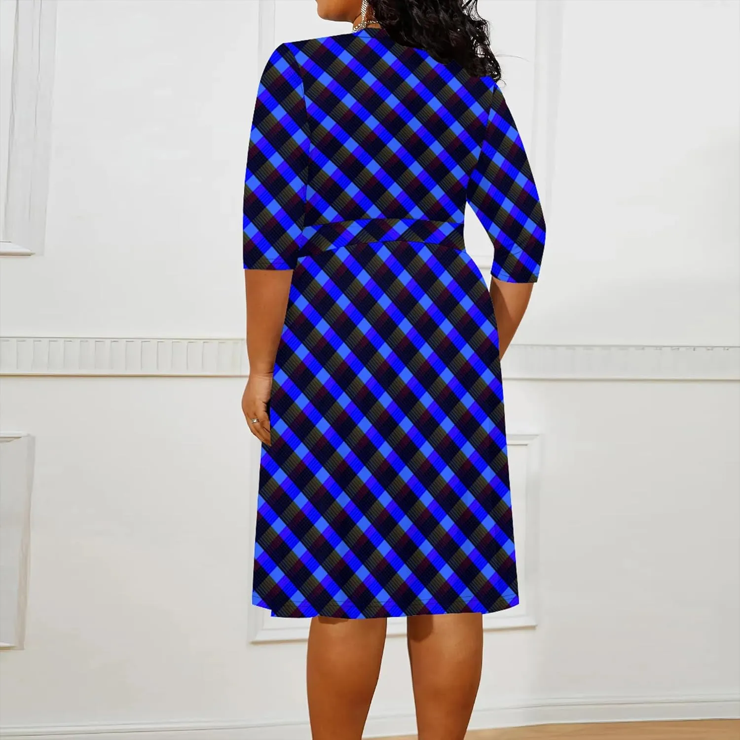 Plus Size Women's Dresses, Seven Split Sleeves, V-Neck Plus Size Women's Dresses Midi Dresses with Belt