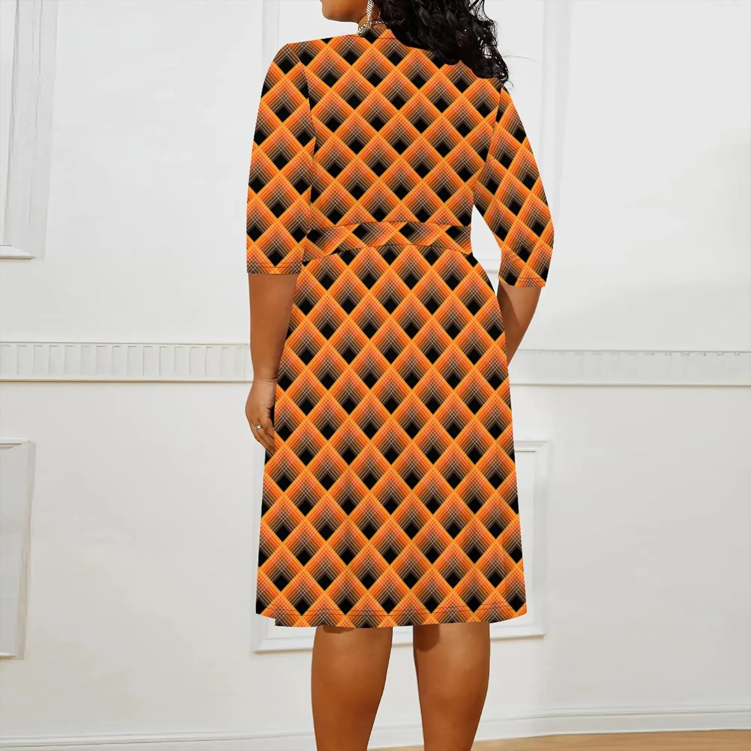 Plus Size Women's Dresses, Seven Split Sleeves, V-Neck Plus Size Women's Dresses Midi Dresses with Belt