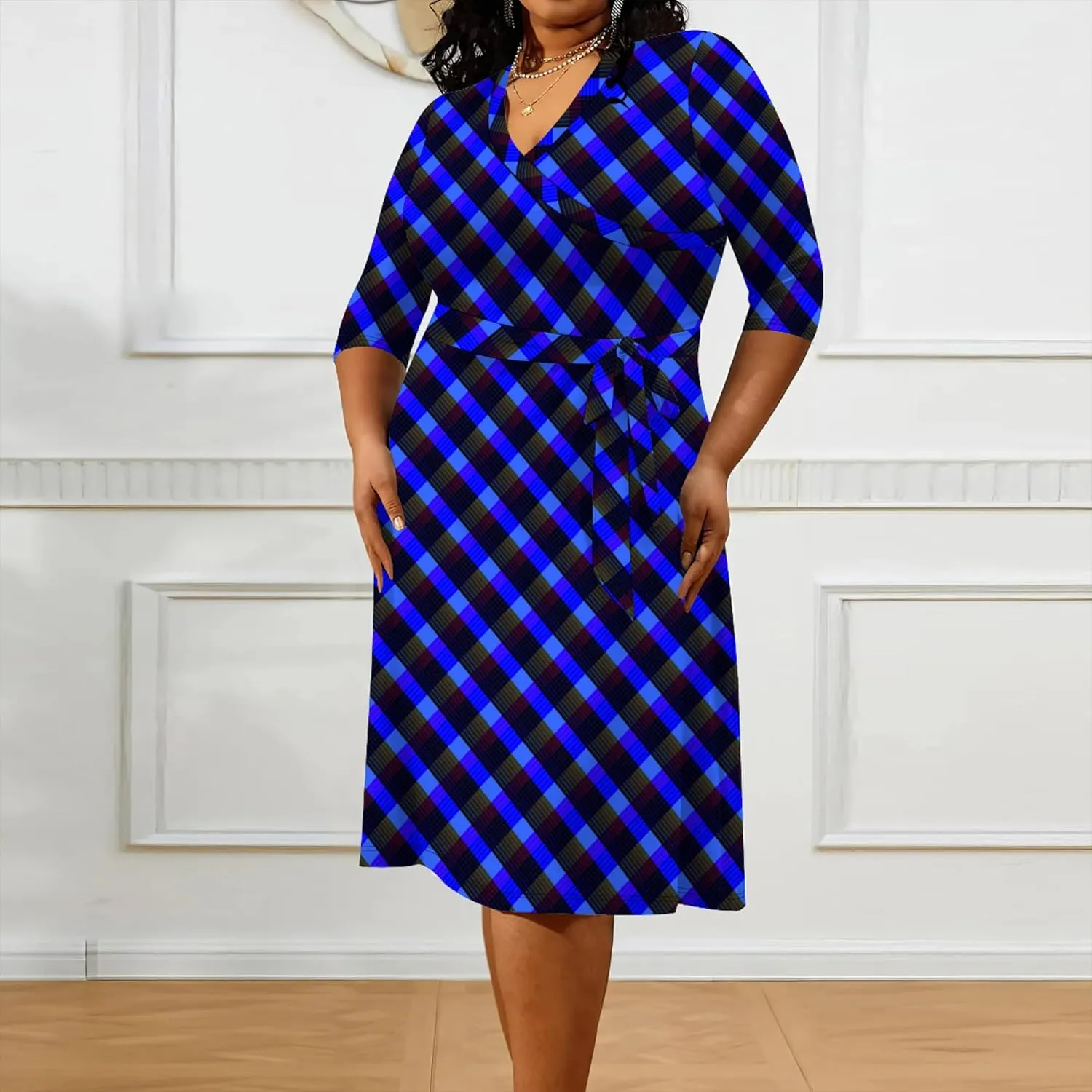 Plus Size Women's Dresses, Seven Split Sleeves, V-Neck Plus Size Women's Dresses Midi Dresses with Belt