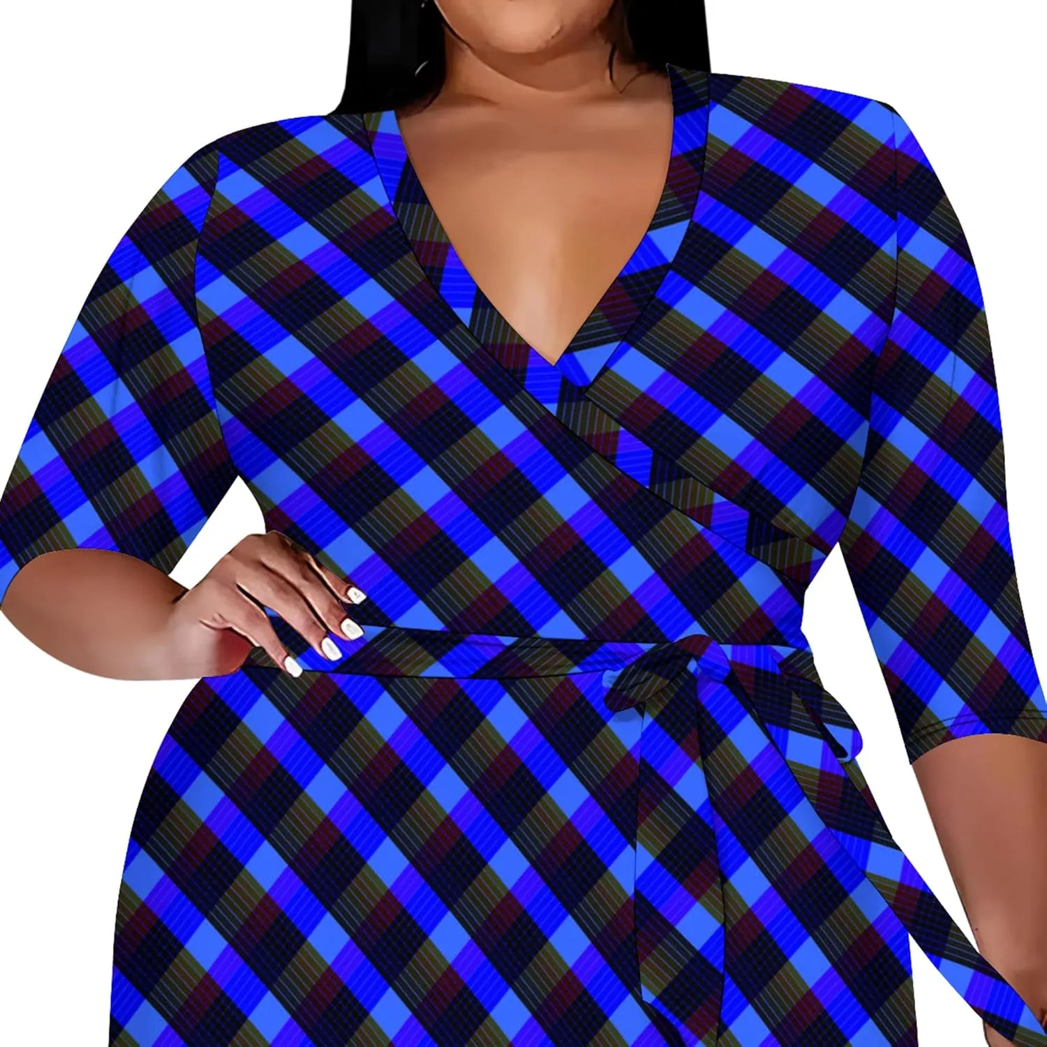 Plus Size Women's Dresses, Seven Split Sleeves, V-Neck Plus Size Women's Dresses Midi Dresses with Belt