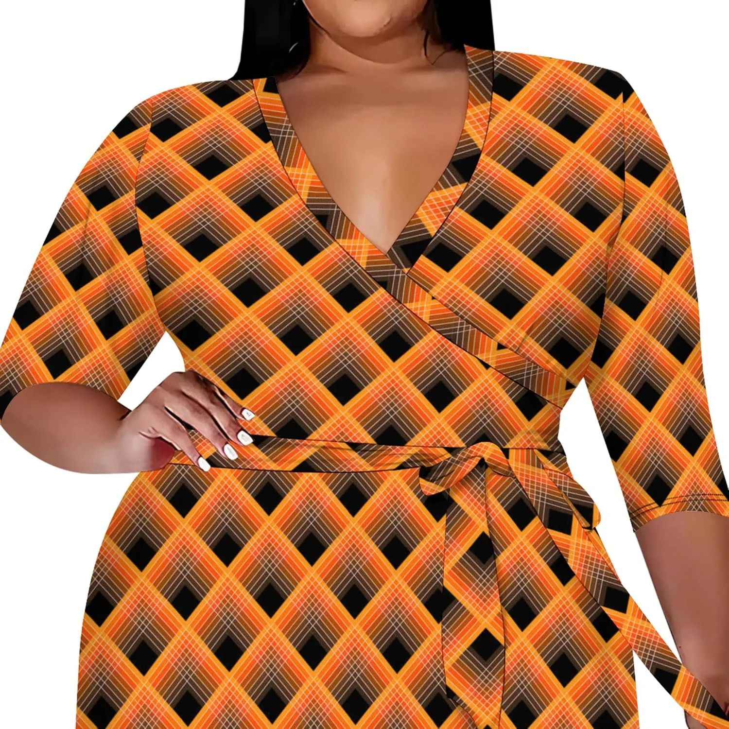 Plus Size Women's Dresses, Seven Split Sleeves, V-Neck Plus Size Women's Dresses Midi Dresses with Belt