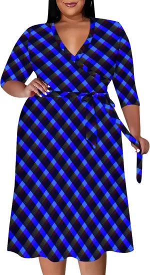 Plus Size Women's Dresses, Seven Split Sleeves, V-Neck Plus Size Women's Dresses Midi Dresses with Belt