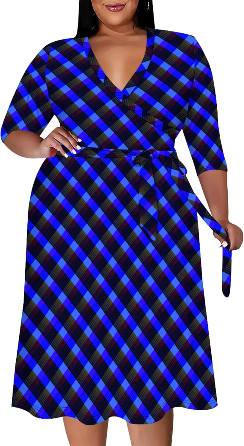 Plus Size Women's Dresses, Seven Split Sleeves, V-Neck Plus Size Women's Dresses Midi Dresses with Belt