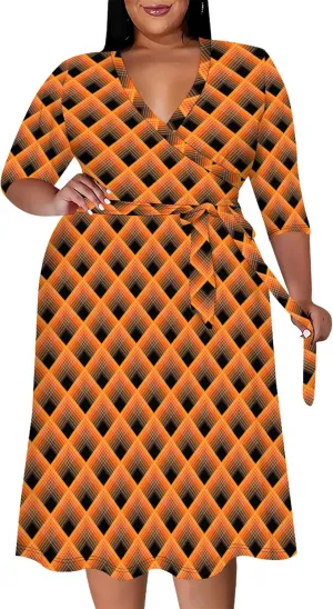 Plus Size Women's Dresses, Seven Split Sleeves, V-Neck Plus Size Women's Dresses Midi Dresses with Belt