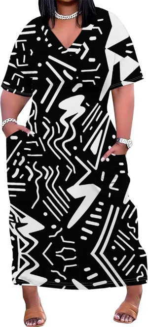 Plus Size Women's Floral Maxi Color Dresses Casual Loose Pocket Short Sleeve Long Maxi Dress
