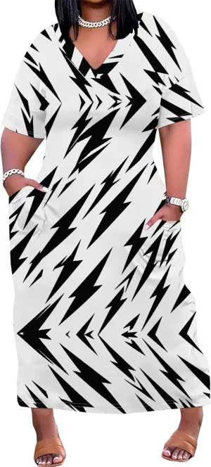 Plus Size Women's Floral Maxi Color Dresses Casual Loose Pocket Short Sleeve Long Maxi Dress