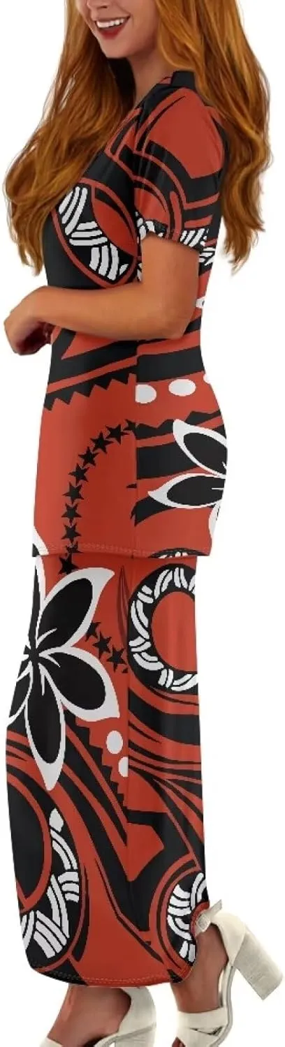 Polynesian Dress for Women Plus Size 2 Pcs Set Puletasi Samoan Tribal Crewneck Short Sleeve Loose Maxi Dress XS-7XL