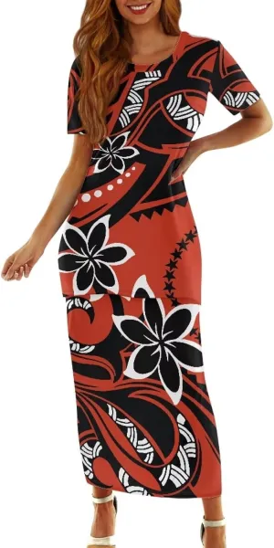 Polynesian Dress for Women Plus Size 2 Pcs Set Puletasi Samoan Tribal Crewneck Short Sleeve Loose Maxi Dress XS-7XL